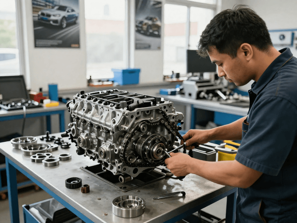 BMW Steuerkette wechseln in professioneller Werkstatt während der Reparatur.