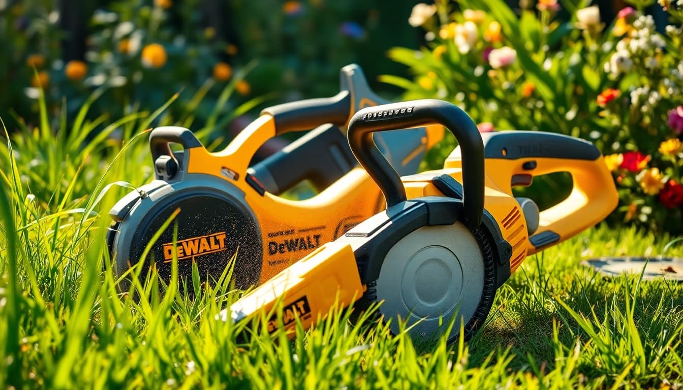 Dewalt gartengeräte im Einsatz – Ein Rasenmäher und Heckenschneider im blühenden Garten.