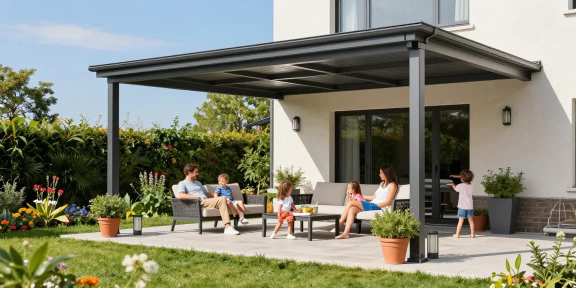 Moderne Terrassenüberdachungen an einem stilvollen Garten mit spielenden Kindern und entspannenden Eltern.