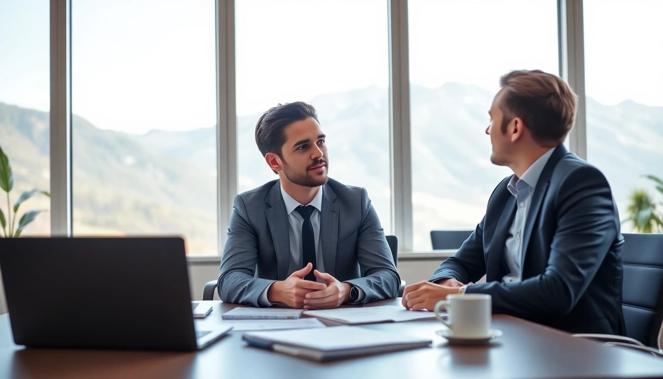 Headhunter Schweiz in professionellem Austausch mit Klient in modernem Büro sehen