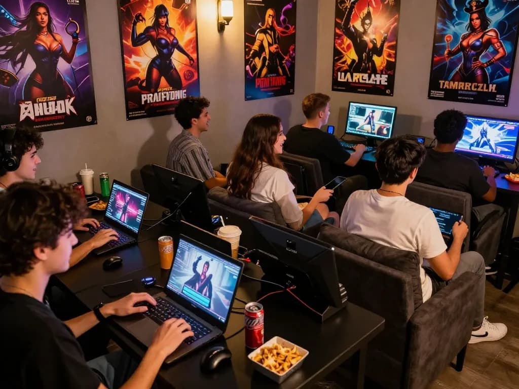 People enjoying sexgames together in a vibrant gaming lounge.