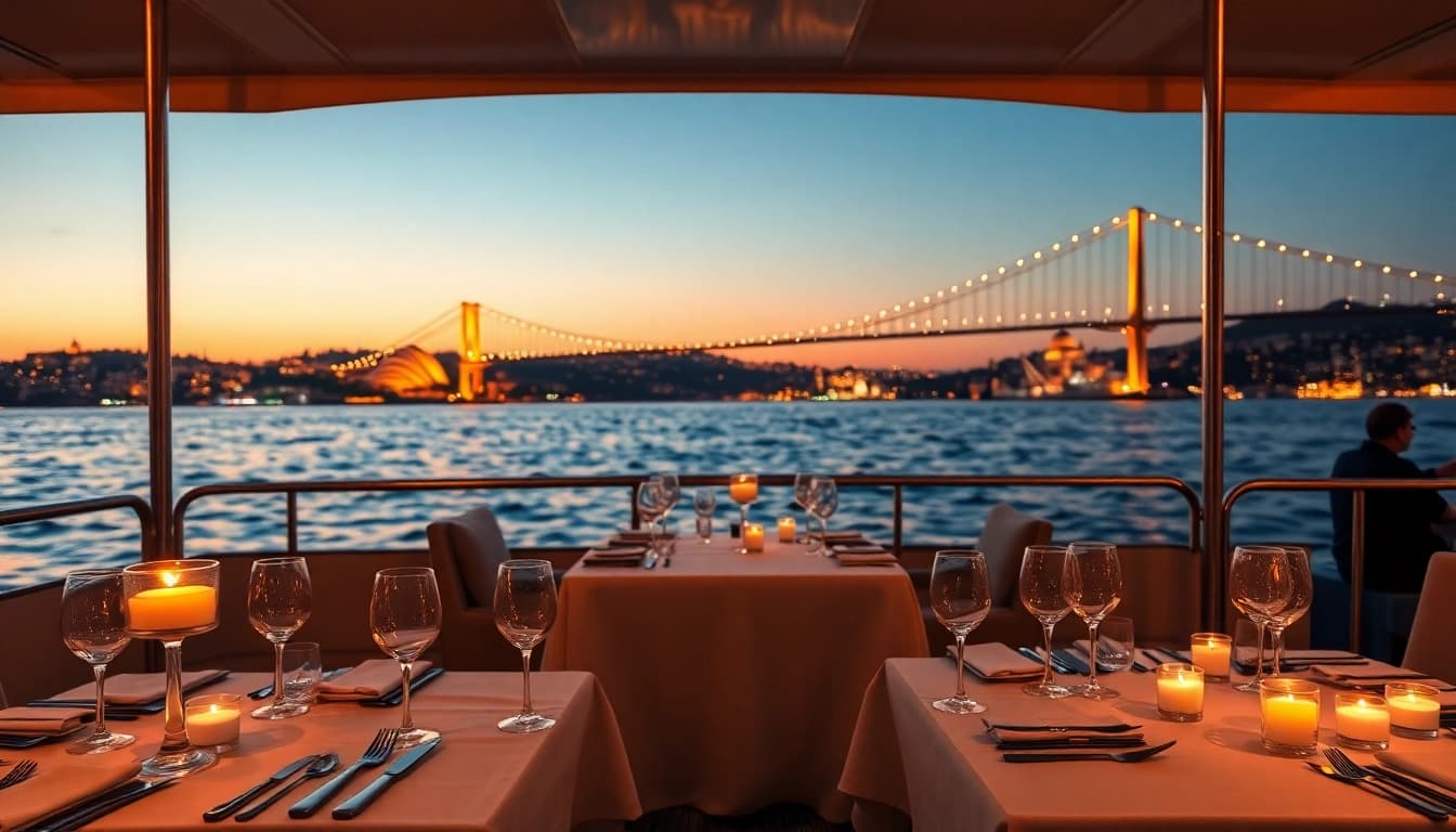 Bosphorus dinner cruise mit romantischem Tischarrangement und beleuchtetem Hintergrund in Istanbul.