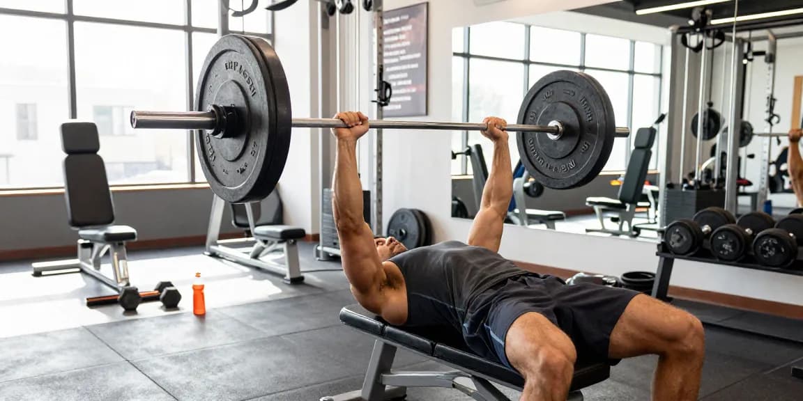 Anabolika Shop - Professioneller Bodybuilder beim Bankdrücken in modernem Fitnessstudio mit hellem Licht und Ausrüstung.