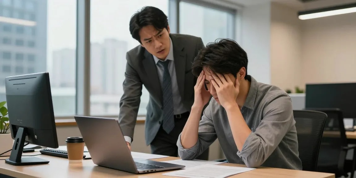 Stress mit Chef: Angestellter zeigt Anzeichen von Druck während des Feedbacks im Büro.