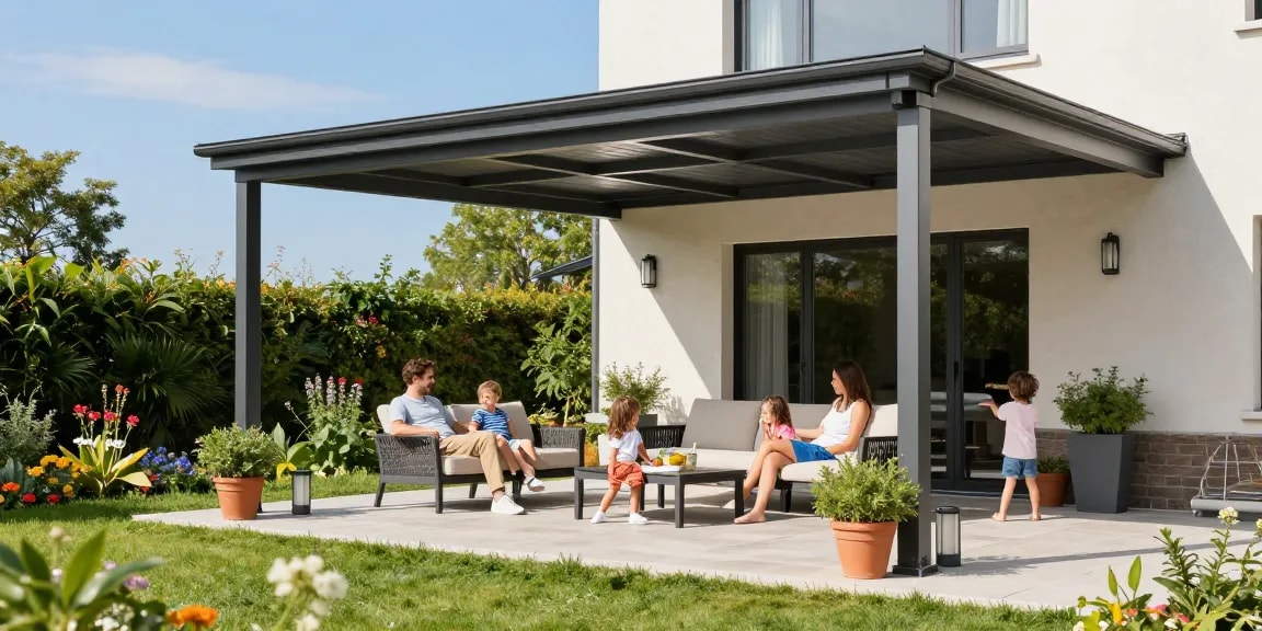 Moderne Terrassenüberdachungen an einem stilvollen Garten mit spielenden Kindern und entspannenden Eltern.