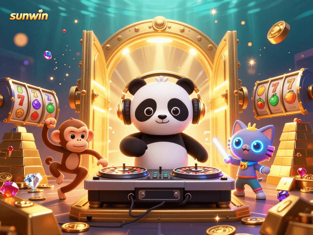 Experience the excitement at sunwin with vibrant characters and gambling elements in a dynamic 3D illustration.