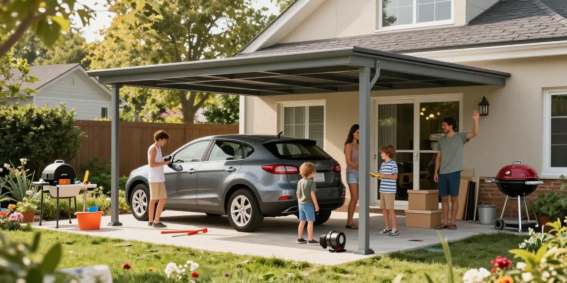 Carport für Autos in einem modernen Garten, glückliche Familie parkt ihr Fahrzeug.