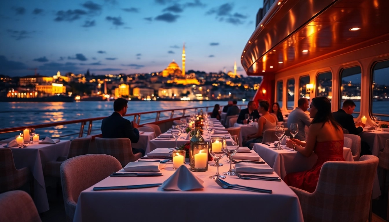 Bosphorus dinner cruise with couples enjoying a meal against Istanbul's skyline.