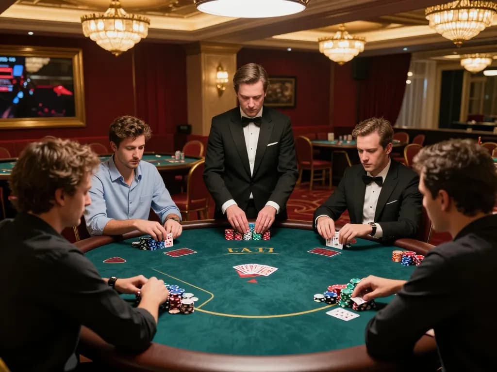 Players strategizing at an f168 poker table amidst a luxurious casino atmosphere