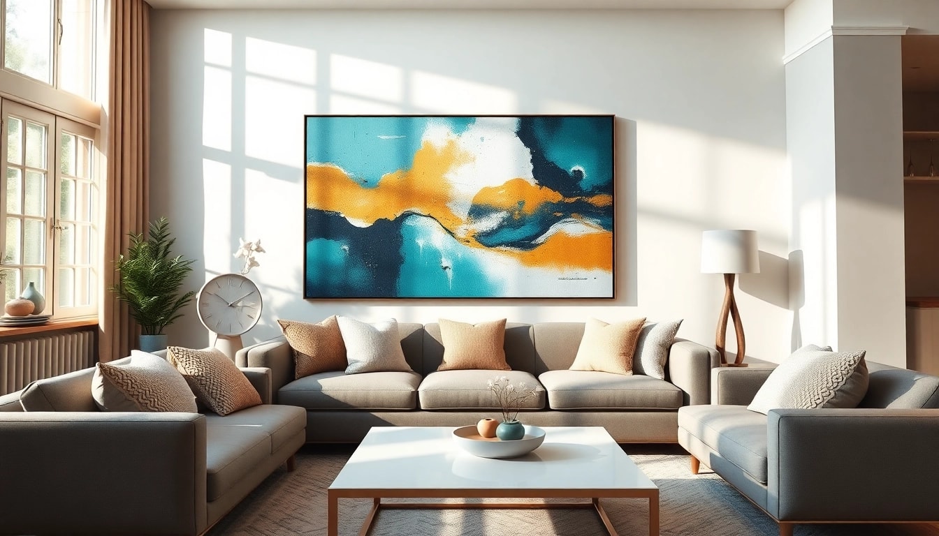 Moderne wandbilder in einem stilvollen Wohnraum mit natürlichem Licht und eleganter Einrichtung.