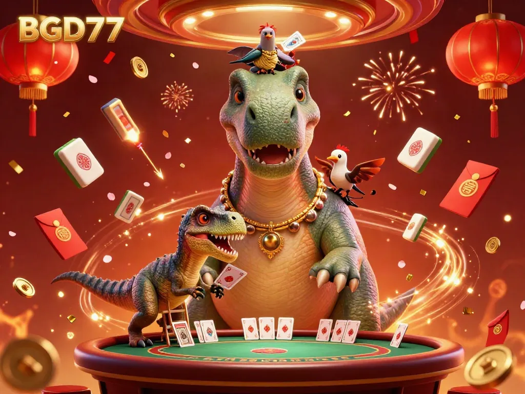 Experience the thrilling BGD77 casino scene with giant dinosaur characters and vibrant gaming elements.