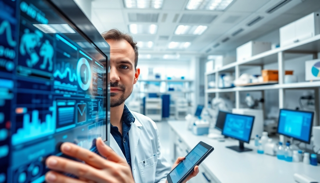 Digitale Loesungen in einem modernen Labor mit hoher Technologie und klaren Datenanalysen.