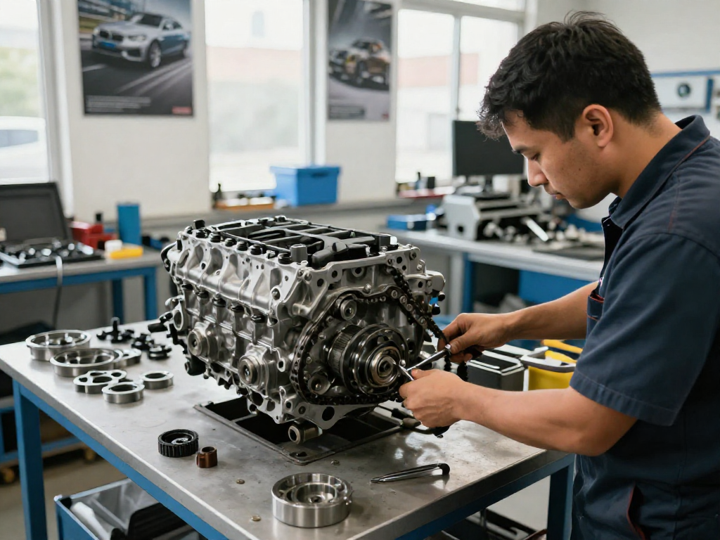 BMW Steuerkette wechseln in professioneller Werkstatt während der Reparatur.