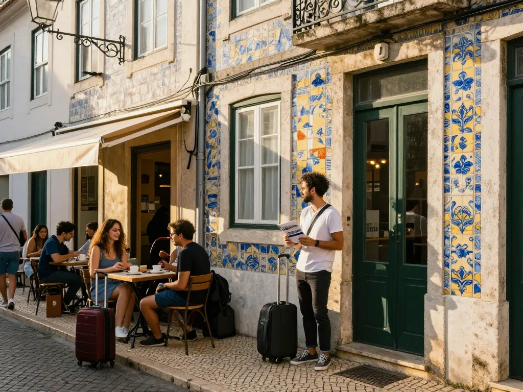 Engaging Airbnb management in Lisbon with a host welcoming guests outside a charming apartment.