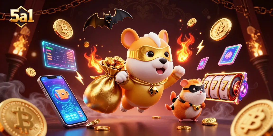 Experience thrilling crypto gaming with 5a1's superhero dog and hamster, amidst vibrant slot visuals.