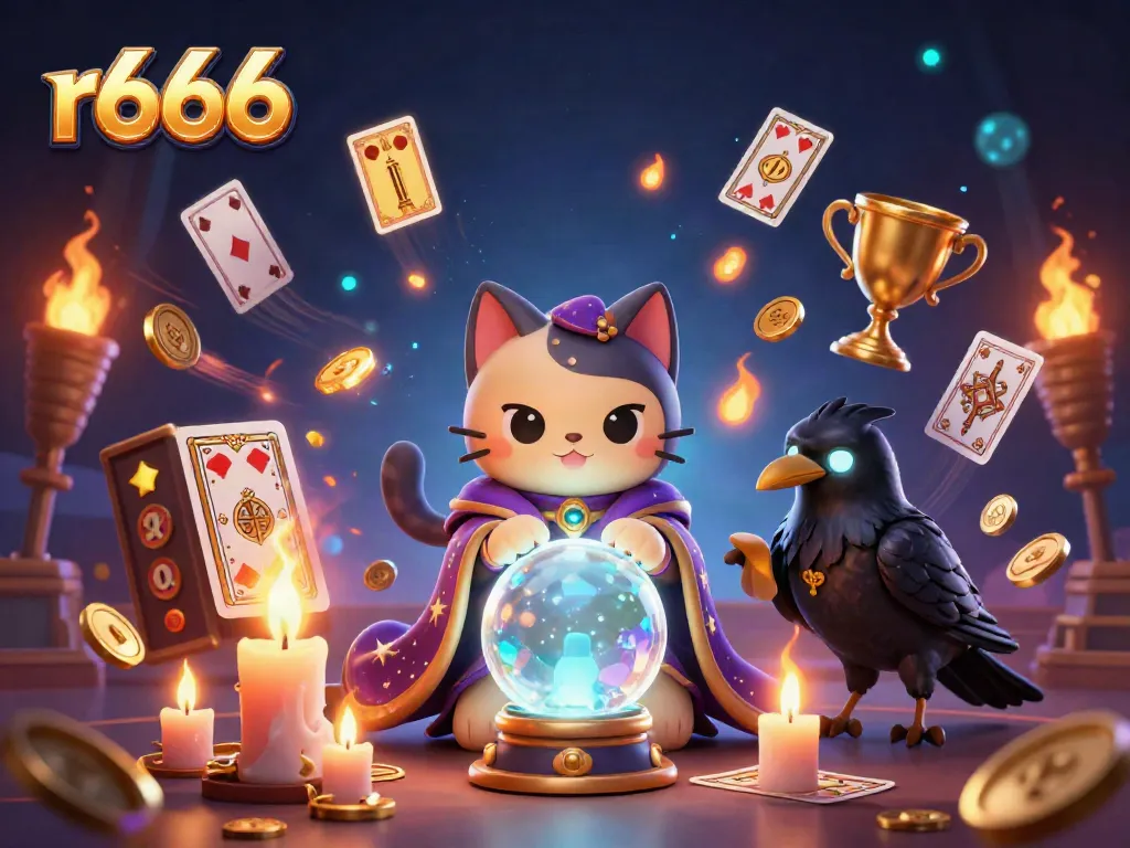Engage in thrilling slots at r666, showcasing a mystical fortune teller cat and dynamic casino elements.