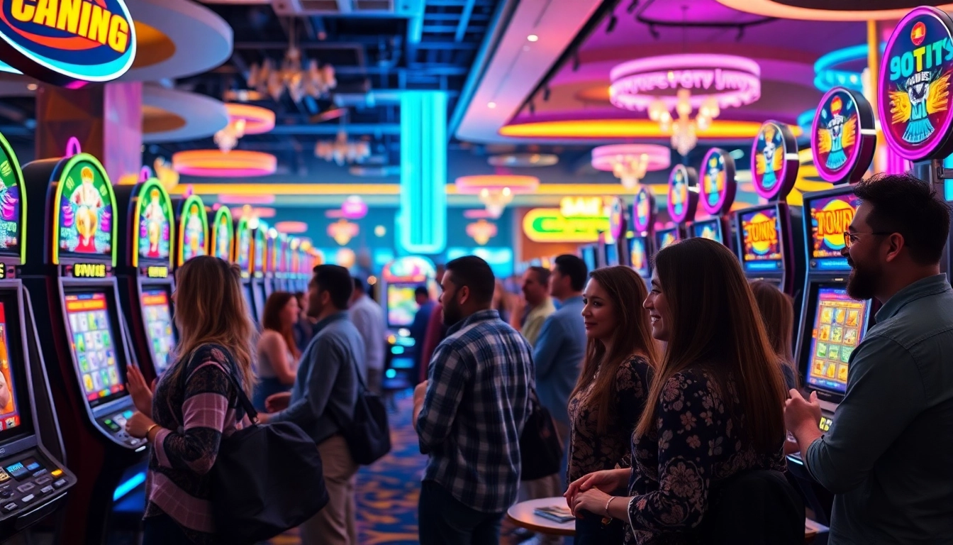 Faszinierende Casinospiele auf casinospiele.de mit fröhlichen Spielern und leuchtenden Maschinen.