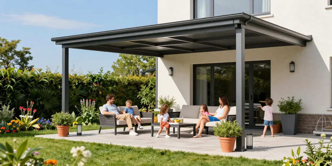 Moderne Terrassenüberdachungen an einem stilvollen Garten mit spielenden Kindern und entspannenden Eltern.