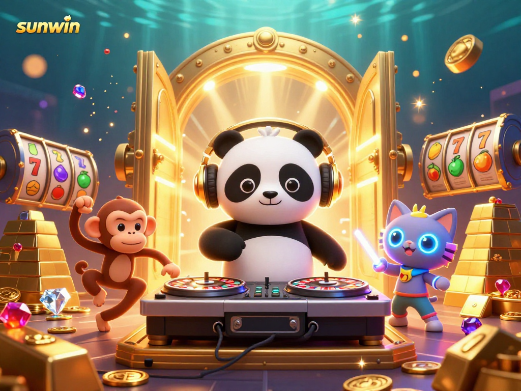 Experience the excitement at sunwin with vibrant characters and gambling elements in a dynamic 3D illustration.