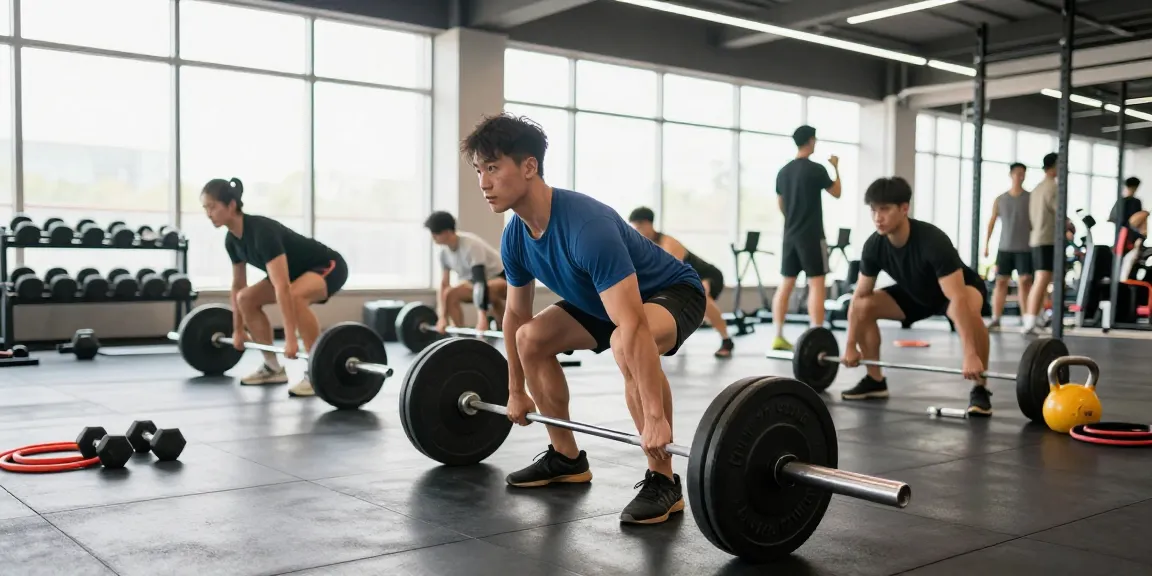 Besucher des Selliza Shops trainieren intensiv im Fitnessstudio und zeigen große Anstrengung beim Gewichtheben.