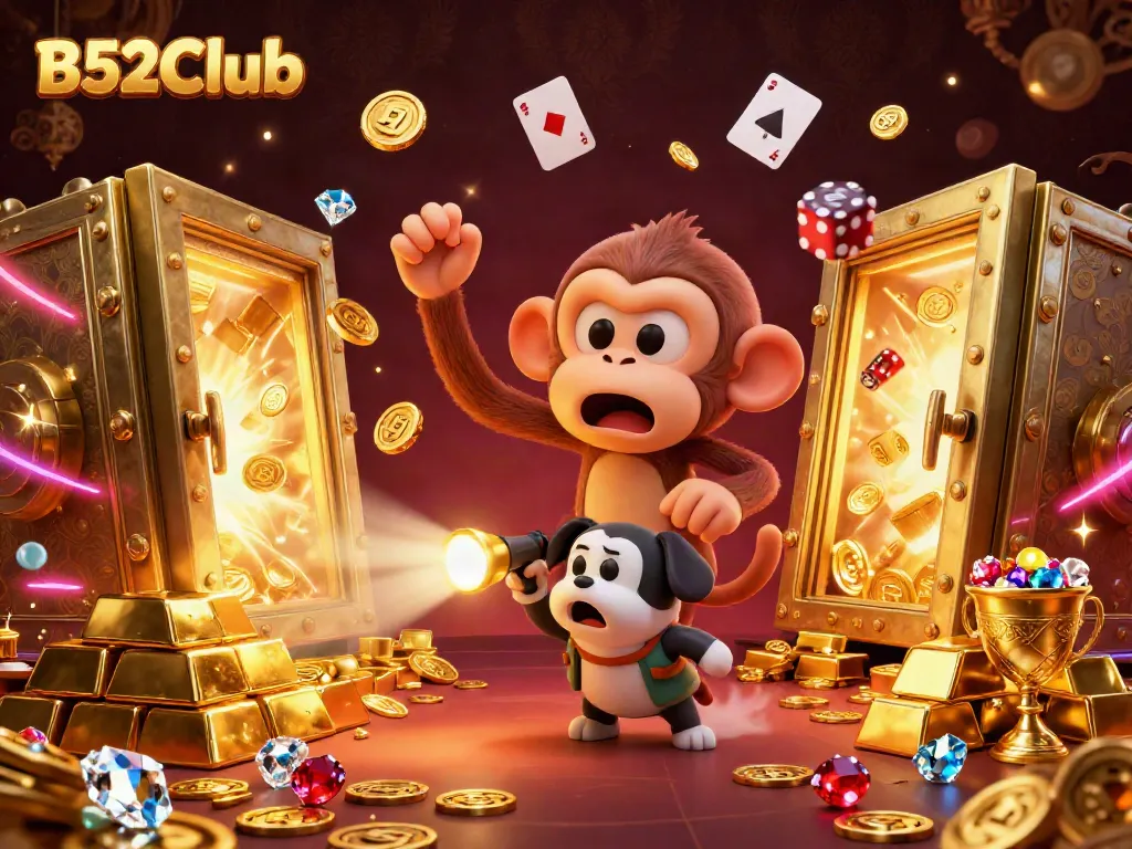 B52Club captures a playful monkey juggling casino treasures in a vibrant haunted casino.