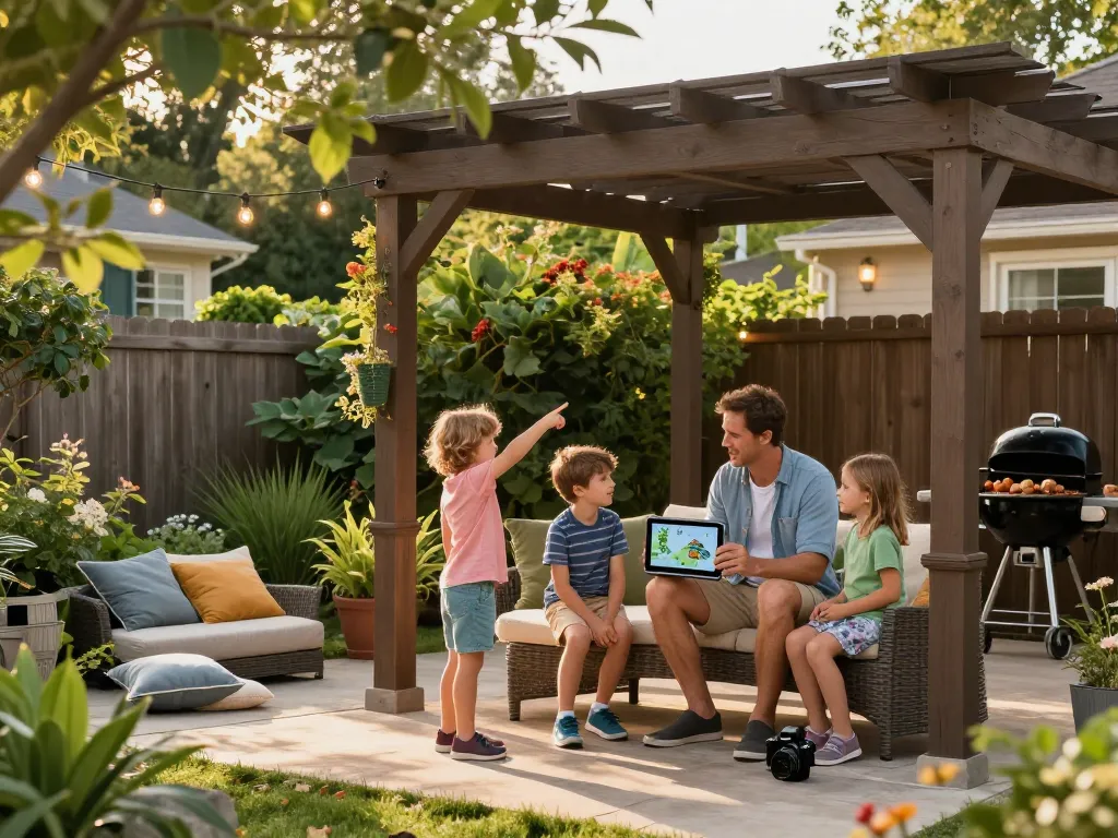 Erleben Sie ein personalisiertes Pergola 3D-Design in einer gemütlichen Gartenatmosphäre.