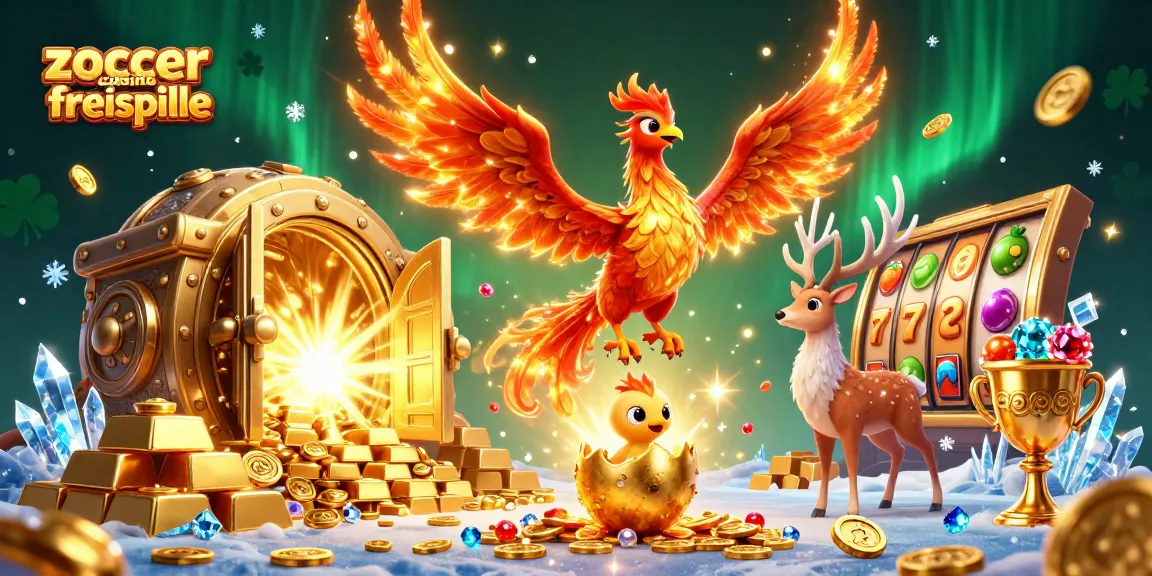 Zoccer Casino Freispiele in einer bunten 3D-Illustration mit einem feuerspeienden Phönix und Goldmünzen