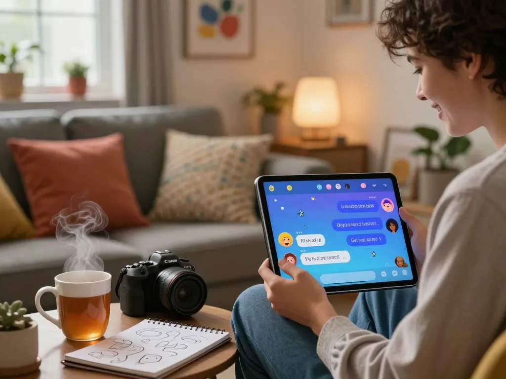 A young adult engaging with character AI NSFW on a tablet, cozy living room, vibrant chat interface.