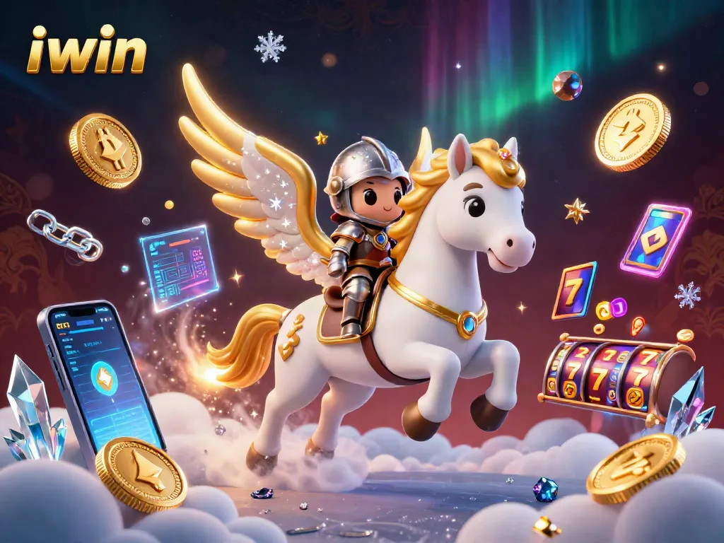 Spin the reels at iwin with a whimsical 3D horse-galloping knight, surrounded by vibrant slot symbols.