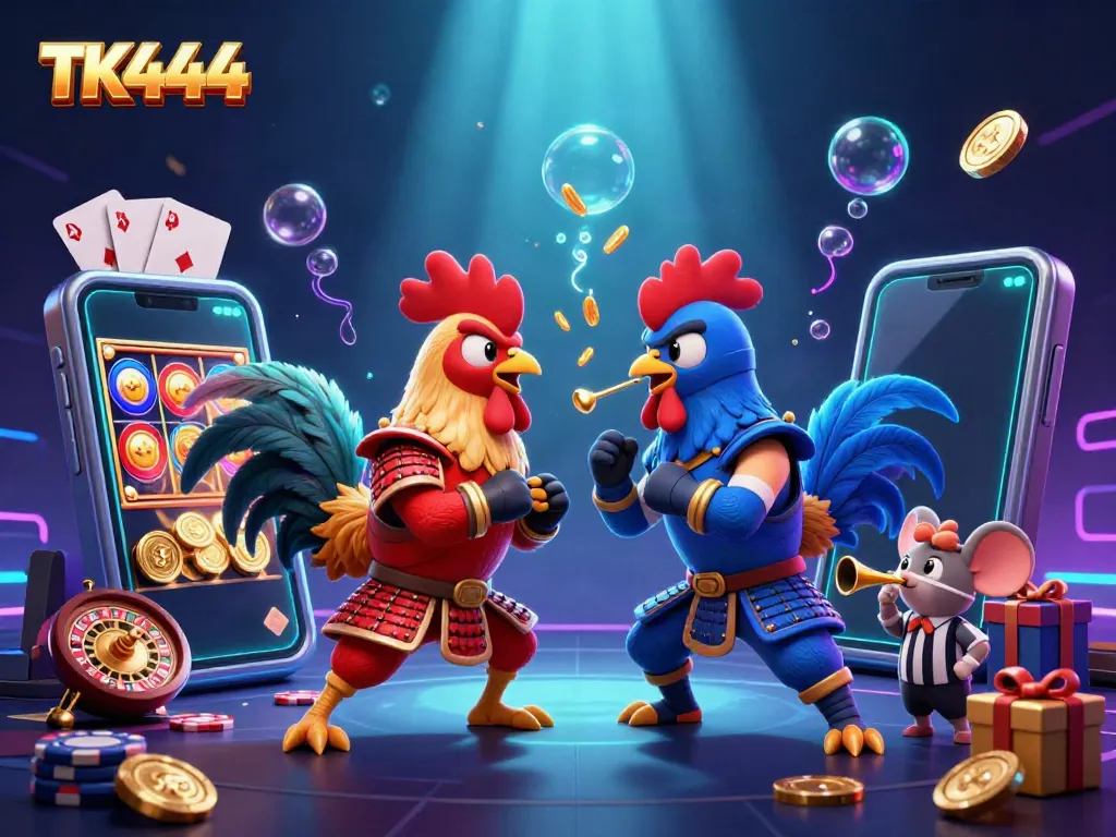 Engage in thrilling gameplay with TK444's exciting slot games, featuring unique characters and vibrant casino elements.