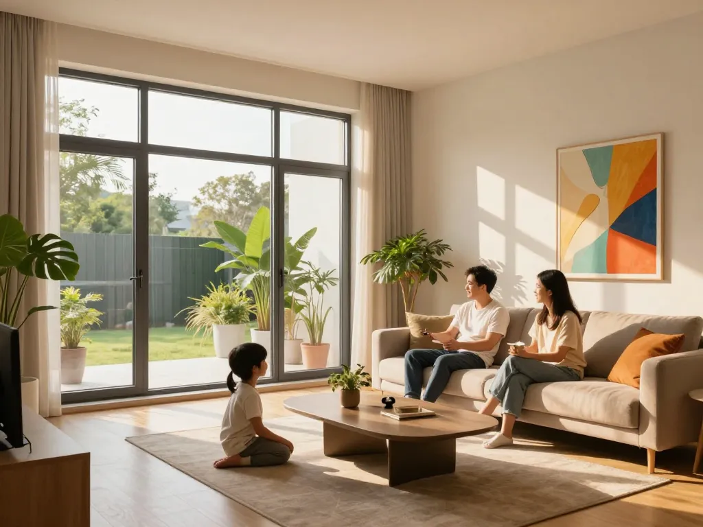 Gemütliches Familientreffen in einem hellen Wohnzimmer mit Fenster Schüco, die natürliches Licht und modernes Wohnen unterstützen.