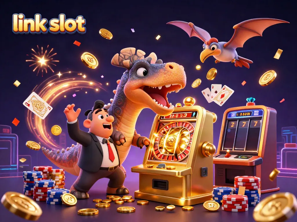 Experience thrilling action in link slot with a dinosaur headbutting a golden slot machine amidst flying coins and a festive atmosphere.