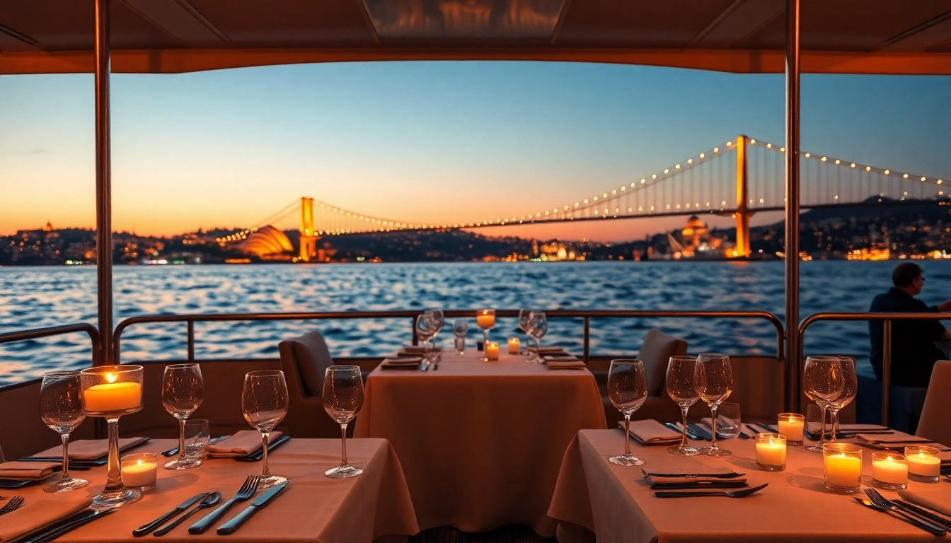 Bosphorus dinner cruise mit romantischem Tischarrangement und beleuchtetem Hintergrund in Istanbul.