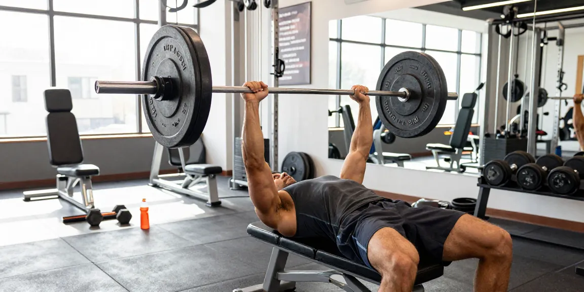 Anabolika Shop - Professioneller Bodybuilder beim Bankdrücken in modernem Fitnessstudio mit hellem Licht und Ausrüstung.