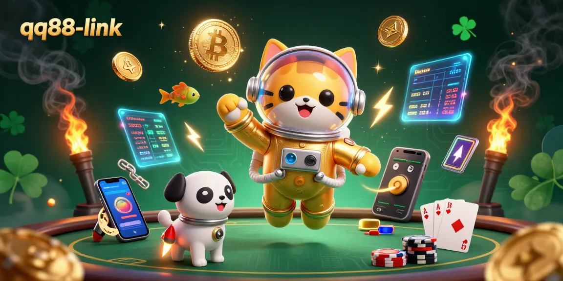 Engage with qq88-link's vibrant poker scene featuring a space astronaut cat and robot dog among glowing crypto elements.