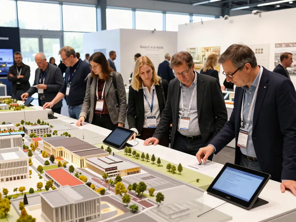 Messe- und Ausstellungsmodelle in detailreicher Präsentation auf einer Messe.