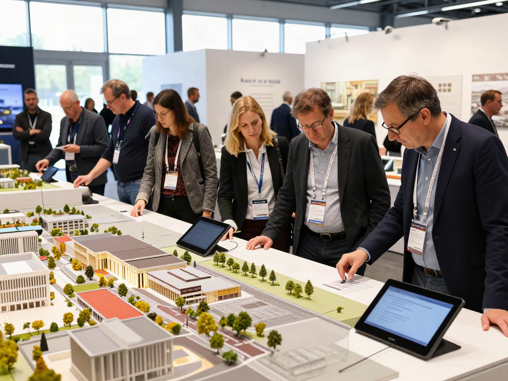 Messe- und Ausstellungsmodelle in detailreicher Präsentation auf einer Messe.