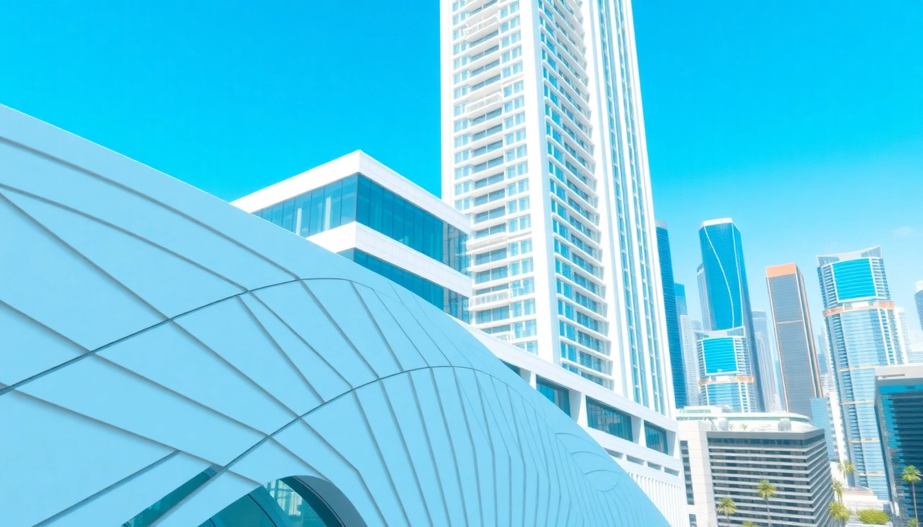3d visualisierung eines modernen Architekturdesigns in lebendiger Stadtlandschaft.