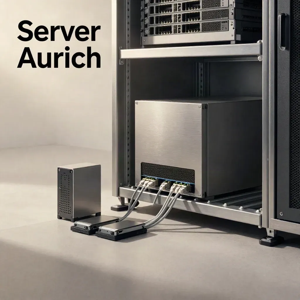 Servergehäuse, UPS, Netzwerkkabel und Backup-Drives in heller Service-Bay.