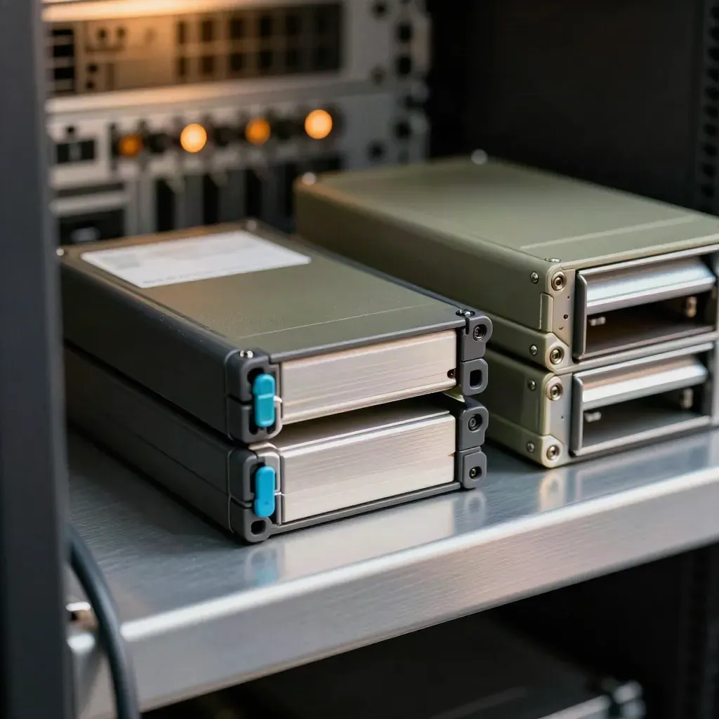 Backup-Tape-Kassette und Festplatteneinschübe neben einer Serverkiste im Makrolicht.