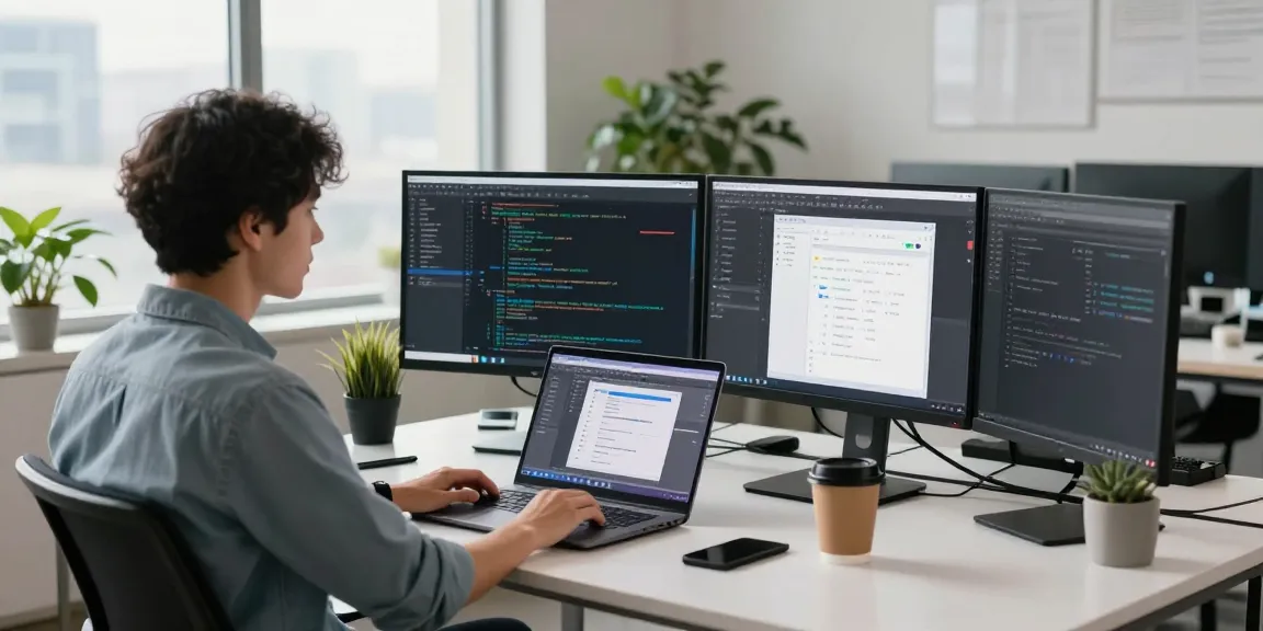 Entwickler arbeitet an smart iptv Software in einem modernen Büro mit großen Fenstern.