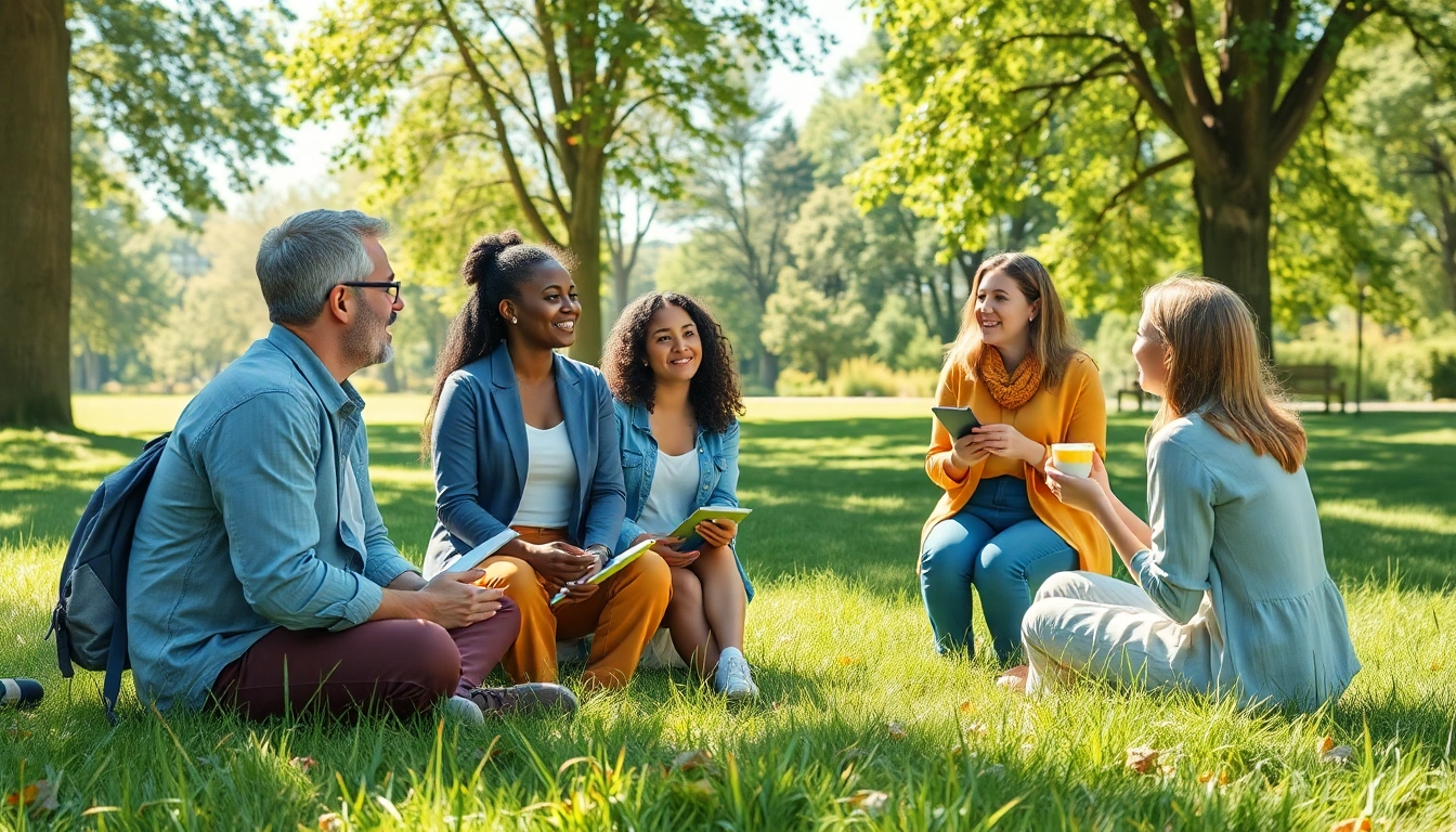 Engaging group conversation for mental health awareness in a sunny park setting.