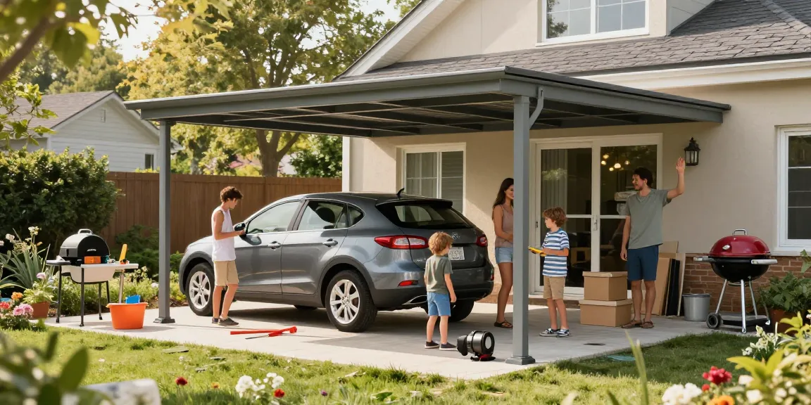 Carport für Autos in einem modernen Garten, glückliche Familie parkt ihr Fahrzeug.