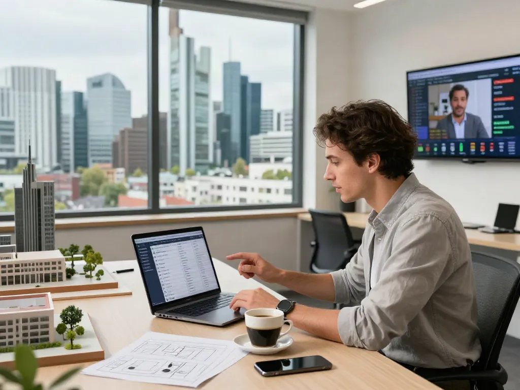 Bester Immobilienmakler Frankfurt bei der Beratung in modernem Büro mit Stadtblick und Immobilienstatistiken