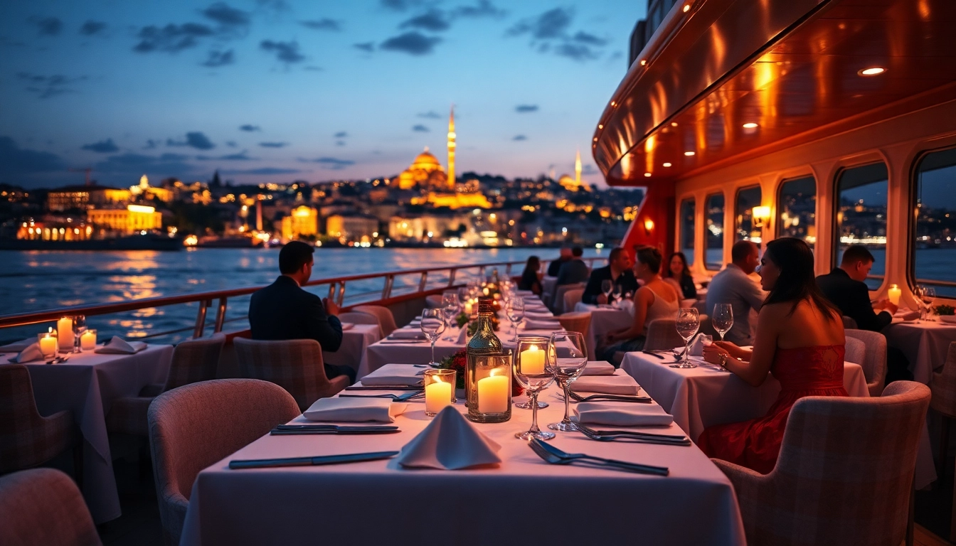 Bosphorus dinner cruise with couples enjoying a meal against Istanbul's skyline.