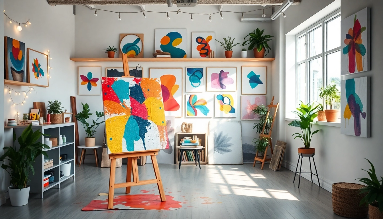 Moderne wandbilder präsentieren kreative Kunstwerke in einem einladenden Atelier.