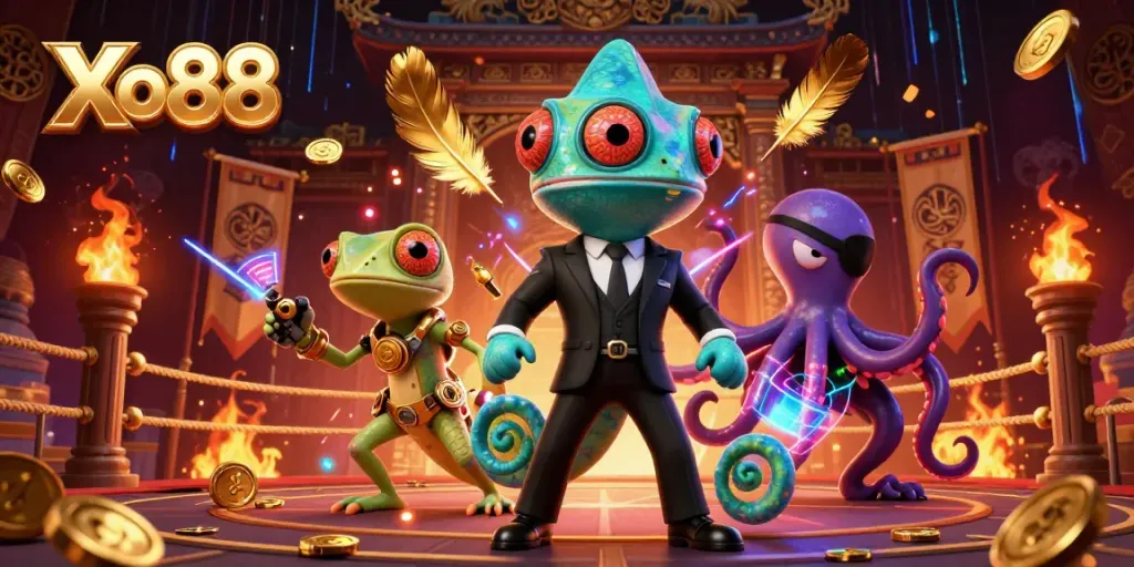 Xo88 engages in thrilling casino action with a colorful cartoon scene full of characters and game elements.