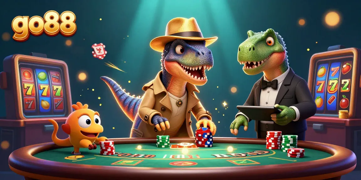 Experience thrilling wins at go88 where a velociraptor card counter interacts with a casino setting, showcasing excitement in every corner.