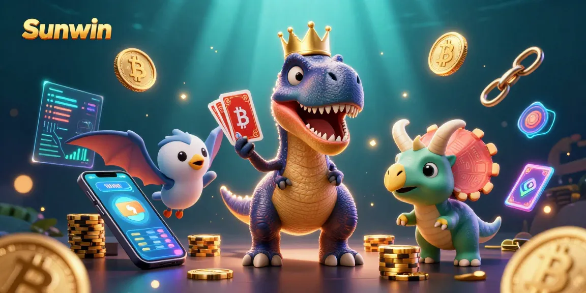 Engage in gaming with Sunwin's captivating scene featuring a friendly T-Rex shuffling cards surrounded by crypto elements