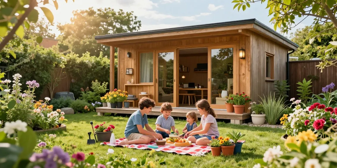 Das Garten Haus umgeben von blühenden Pflanzen und einer Familie, die einen entspannten Nachmittag im Garten genießt.